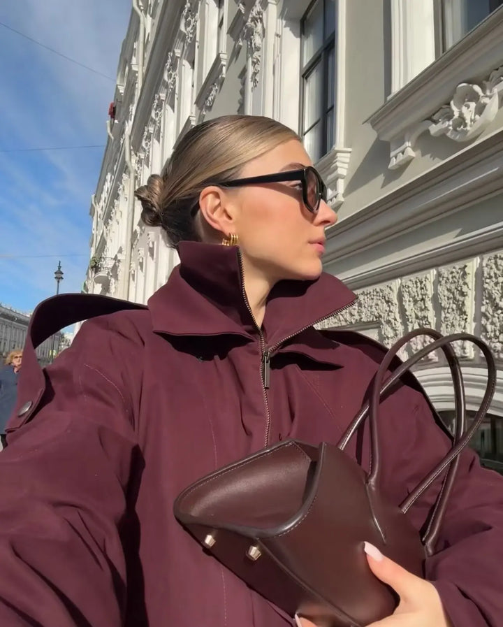 Women’s Burgundy Zipper Bomber Jacket – Loose Stand Collar Street Outerwear