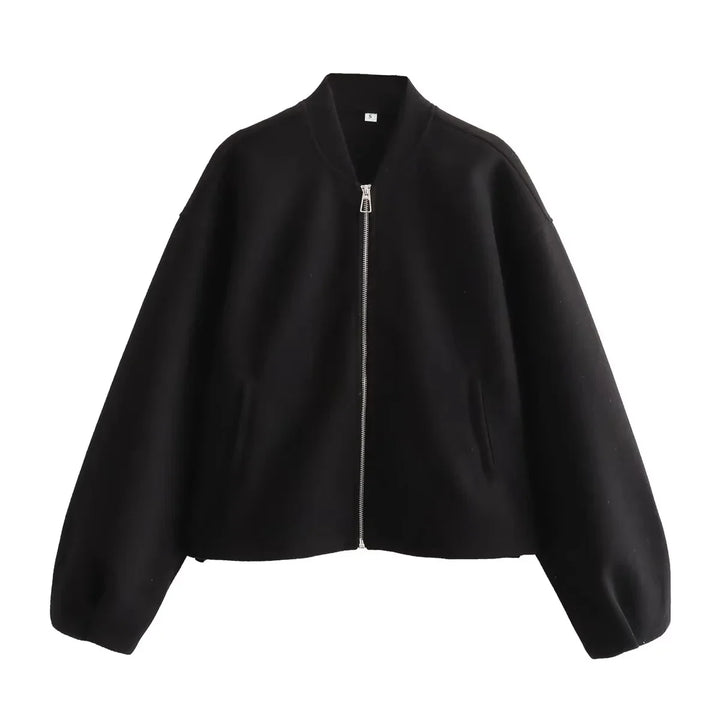 Women’s Autumn Winter Bomber Jacket – Soft Short Zipper Coat with Stand-Up Collar
