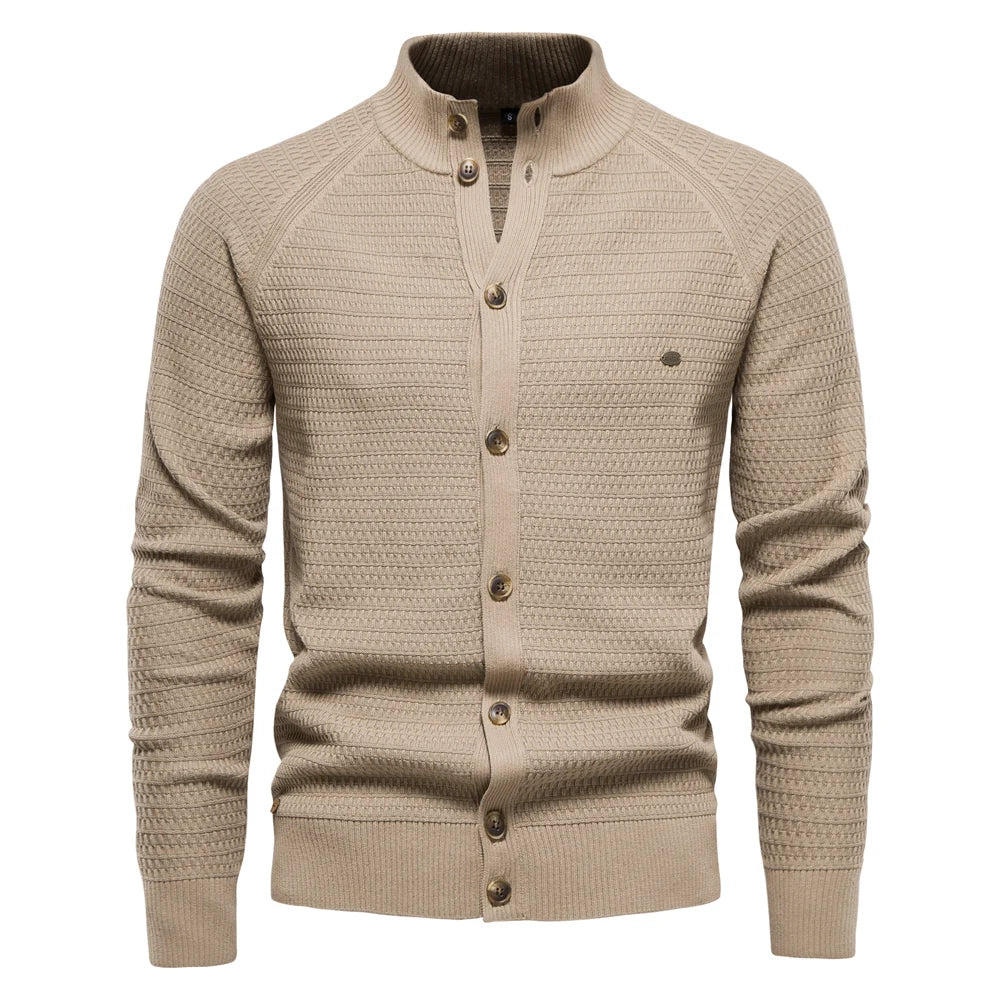 Men’s Knitted Cotton Cardigan – High-Quality Button Mock Neck Sweater