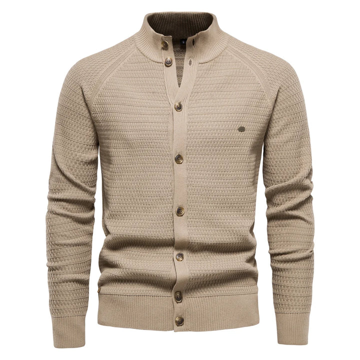 Men’s Knitted Cotton Cardigan – High-Quality Button Mock Neck Sweater