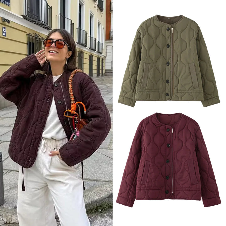 Women’s Quilted Snap-Button Bomber Jacket – Warm Padded Outerwear