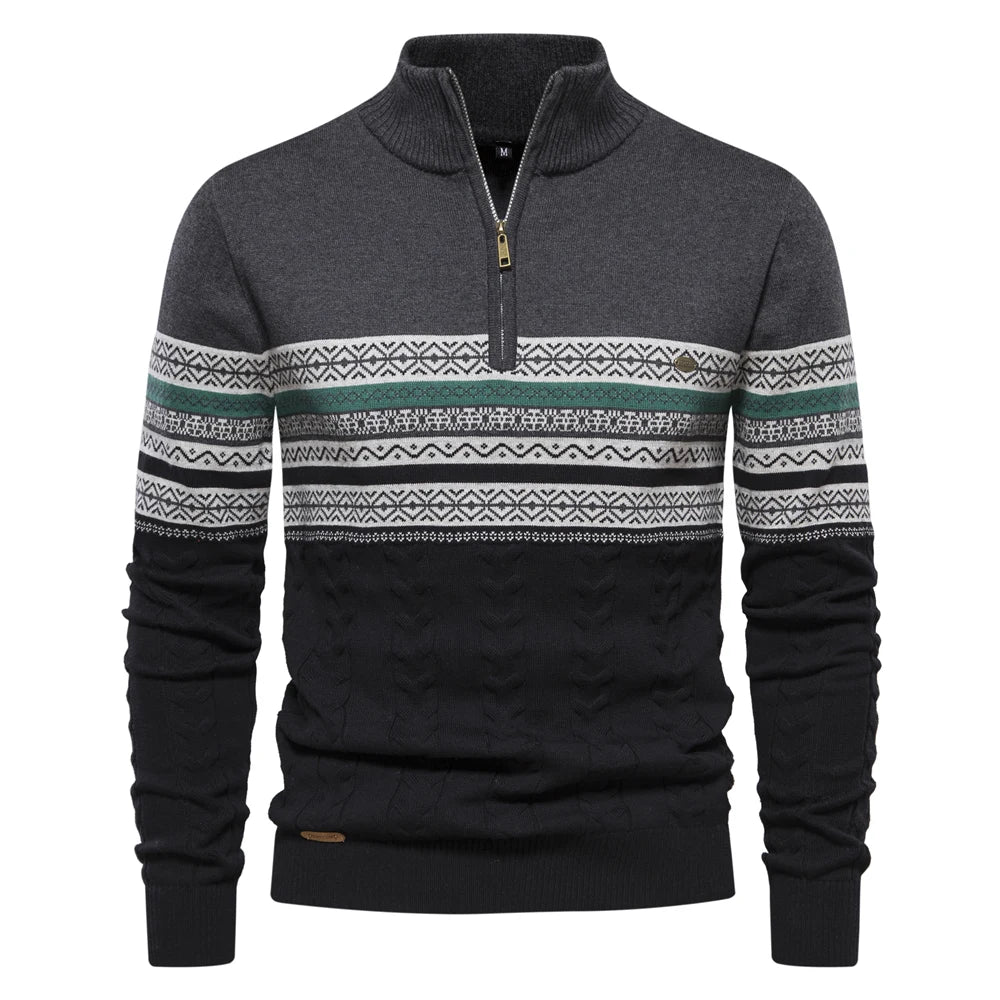 Men’s Zipper Pullover Sweater – Warm Cotton Ethnic Pattern Knit