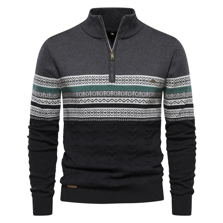 Men’s Zipper Pullover Sweater – Warm Cotton Ethnic Pattern Knit