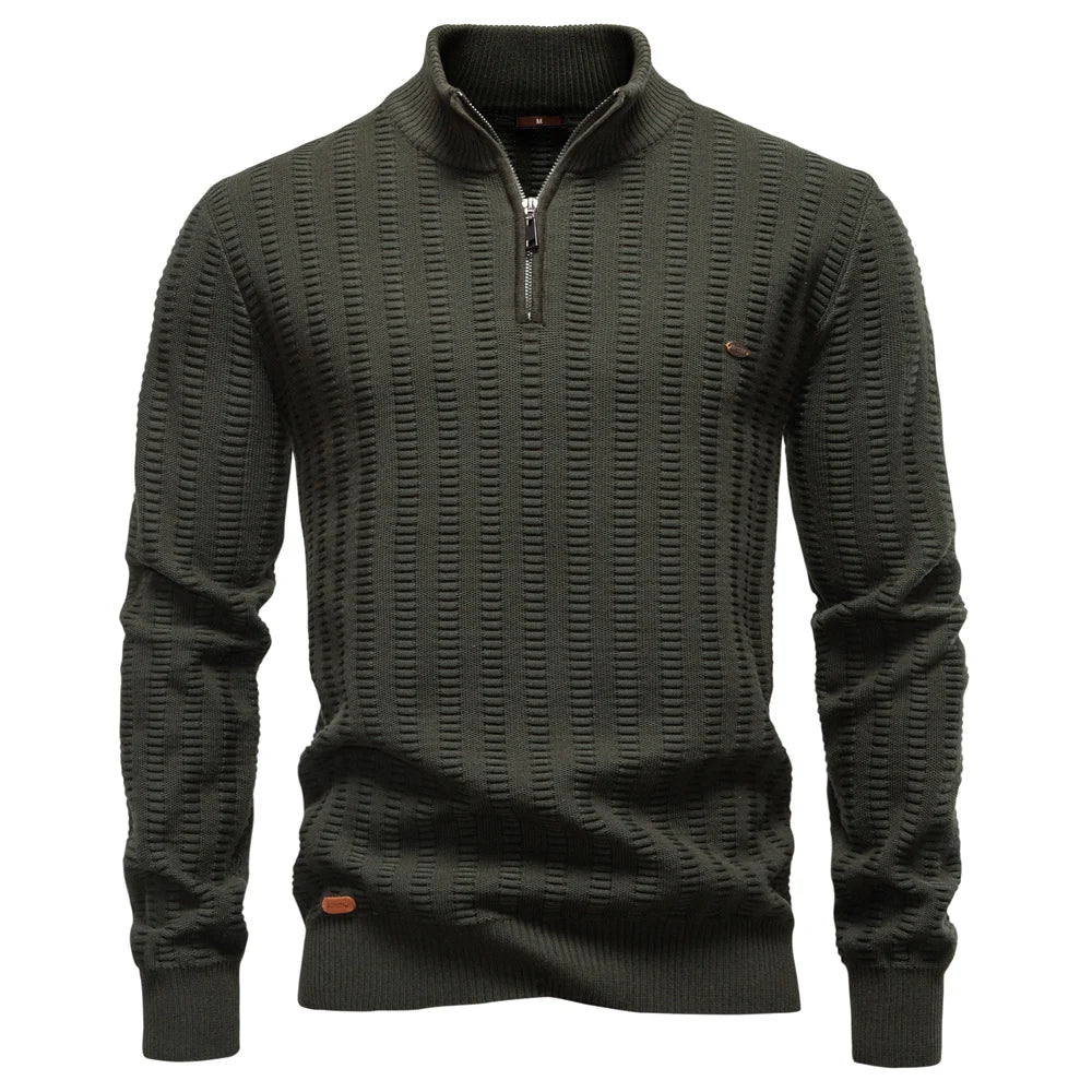 Men’s Luxury Striped Cotton Pullover – Thick Warm Crew Neck Sweater