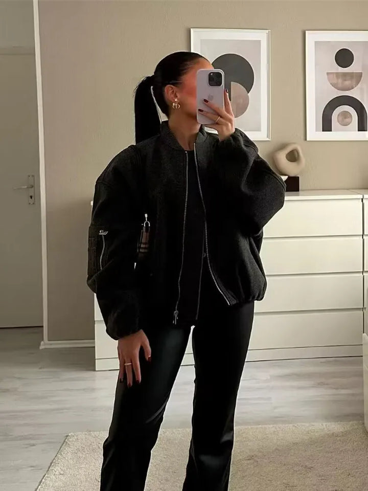 Women’s Autumn Winter Bomber Jacket – Soft Short Zipper Coat with Stand-Up Collar