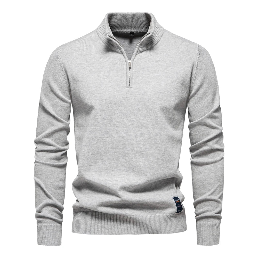 Men’s Quarter-Zip Cotton Pullover – Solid Color Mock Neck Sweater