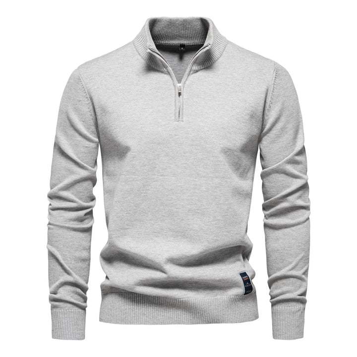 Men’s Quarter-Zip Cotton Pullover – Solid Color Mock Neck Sweater