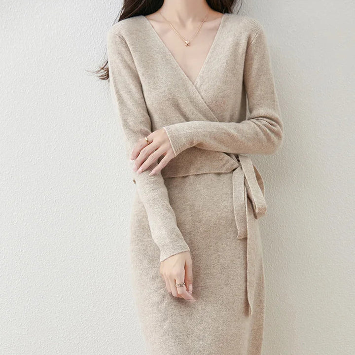 Women’s V-Neck Wool Sweater Dress | 100% Merino Wool Pullover Skirt