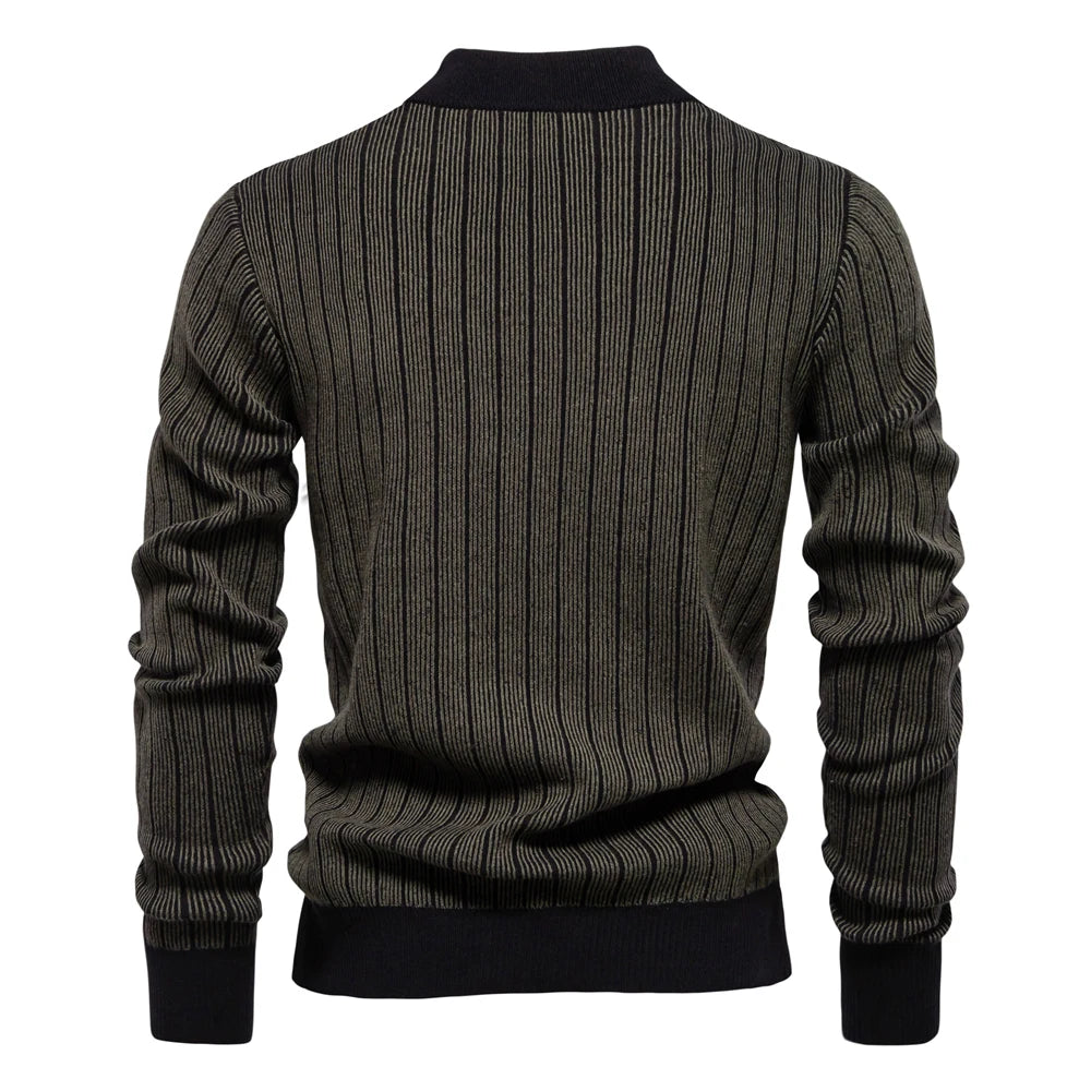 Men’s Striped Cotton Mock Neck Sweater – Warm Autumn & Winter Pullover