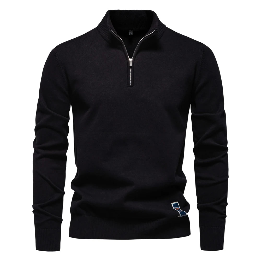 Men’s Quarter-Zip Cotton Pullover – Solid Color Mock Neck Sweater