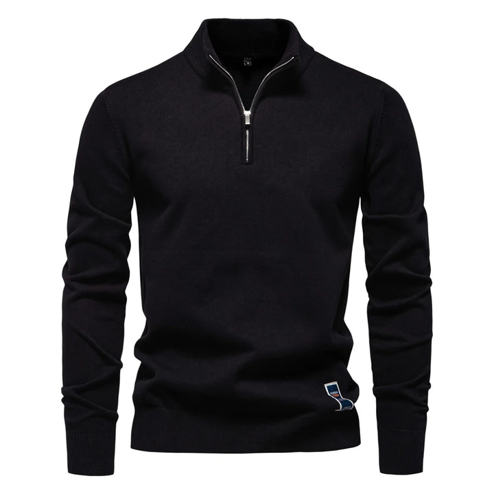 Men’s Quarter-Zip Cotton Pullover – Solid Color Mock Neck Sweater