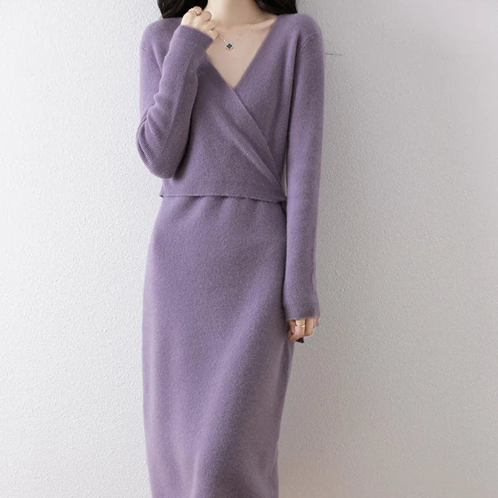 Women’s V-Neck Wool Sweater Dress | 100% Merino Wool Pullover Skirt