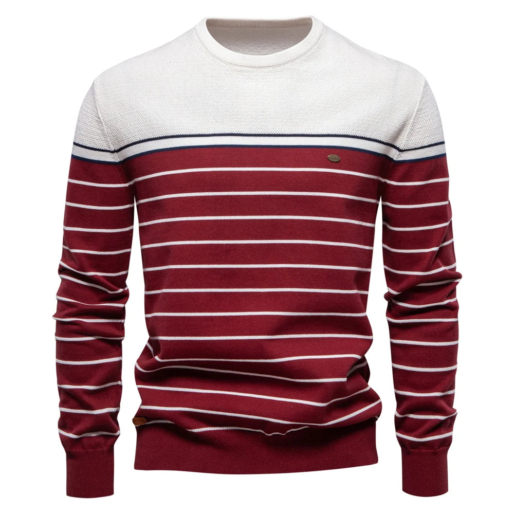 Men’s Striped Cotton O-Neck Sweater – Casual Autumn & Winter Pullover