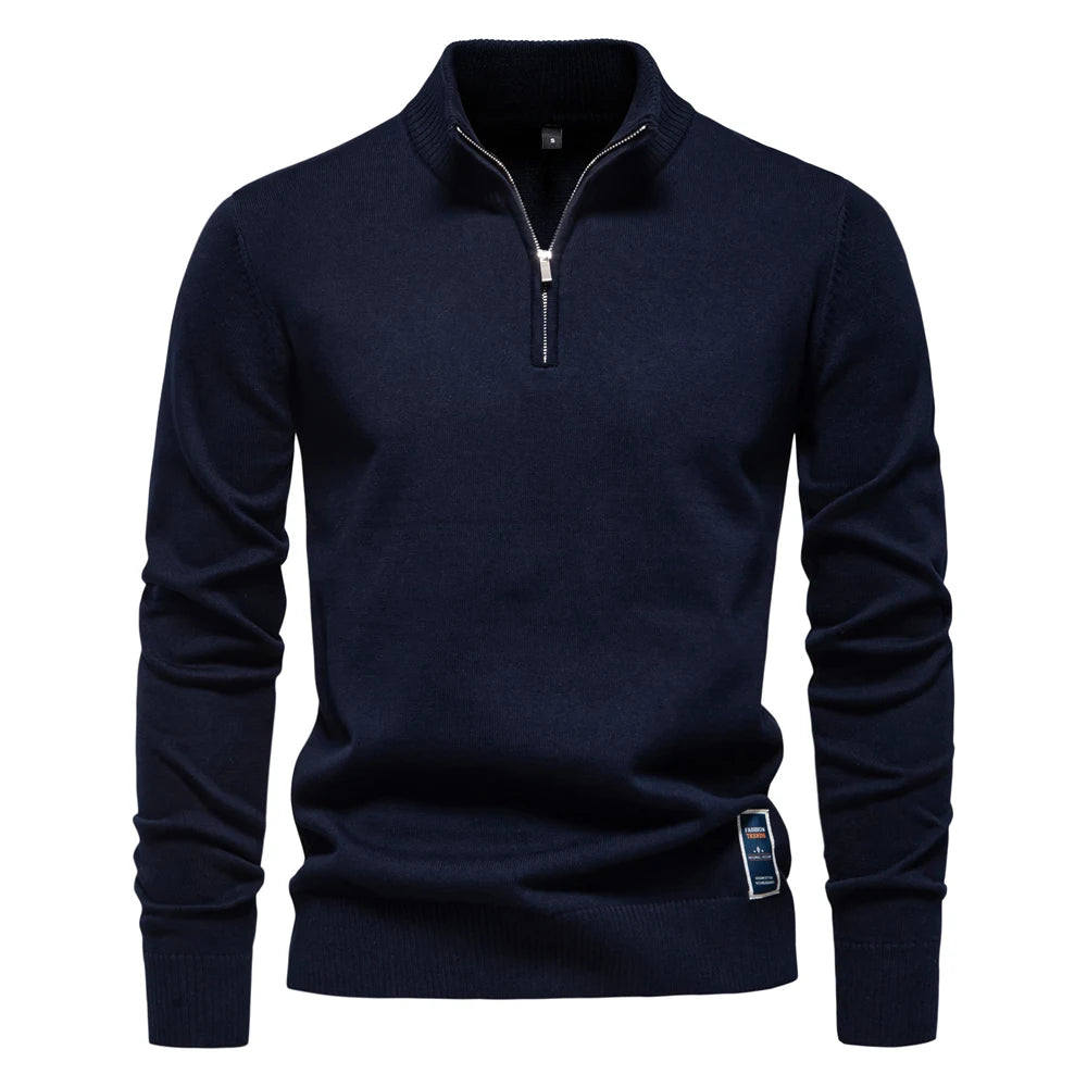 Men’s Quarter-Zip Cotton Pullover – Solid Color Mock Neck Sweater