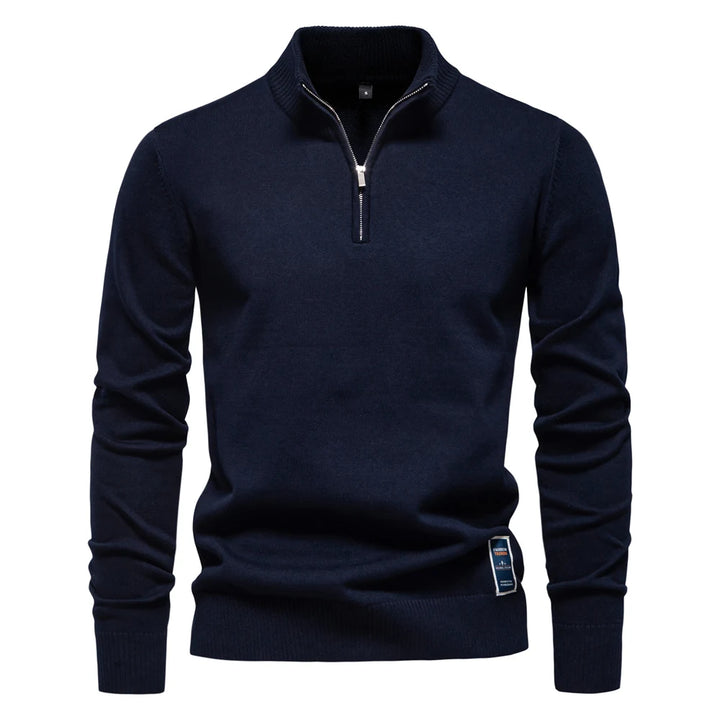 Men’s Quarter-Zip Cotton Pullover – Solid Color Mock Neck Sweater