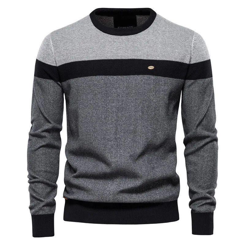 Men’s Spliced Cotton Pullover – High-Quality O-Neck Winter Sweater