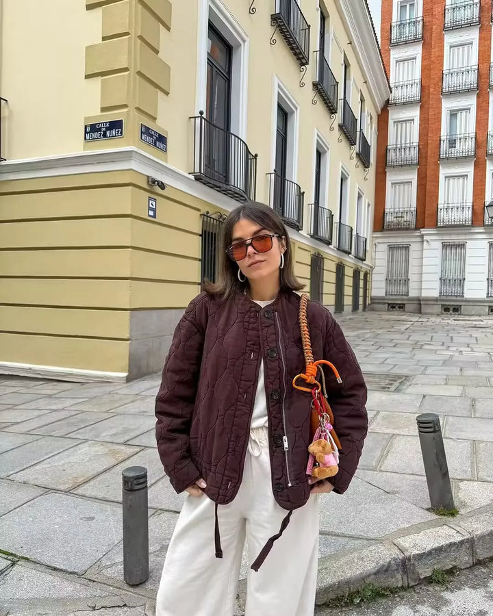 Women’s Quilted Snap-Button Bomber Jacket – Warm Padded Outerwear