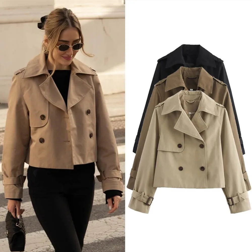 Women’s Vintage Cropped Trench Jacket – Double Breasted Streetwear Coat