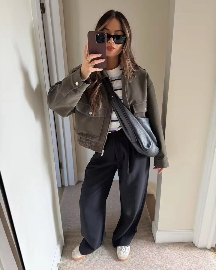 Women’s Cropped Faux Suede Jacket with Zipper